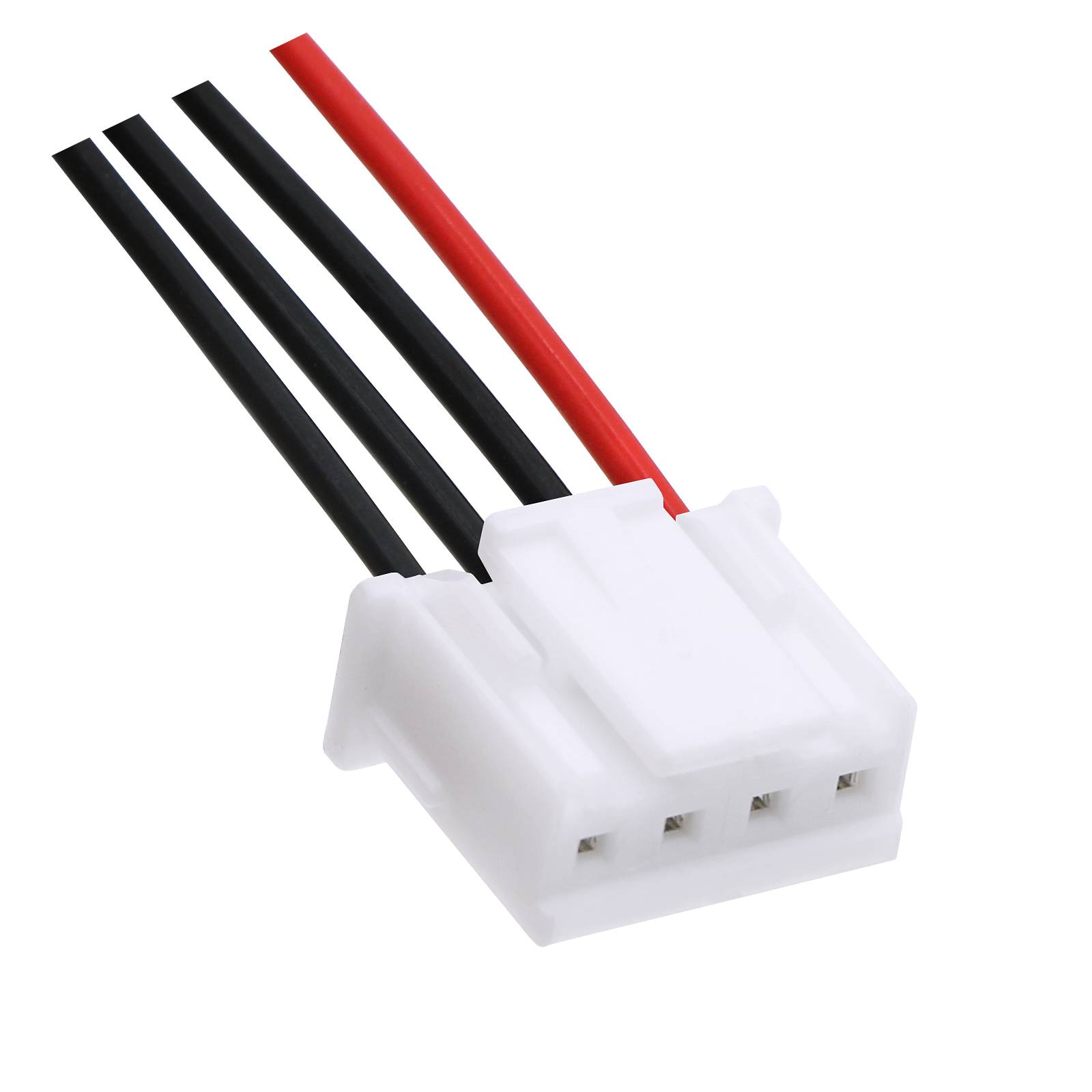 Ein weißer Stecker mit vier Pins, zwei schwarzen Drähten und einem roten Draht wird gezeigt. Er wird wahrscheinlich für elektrische Verbindungen in elektronischen Geräten verwendet.