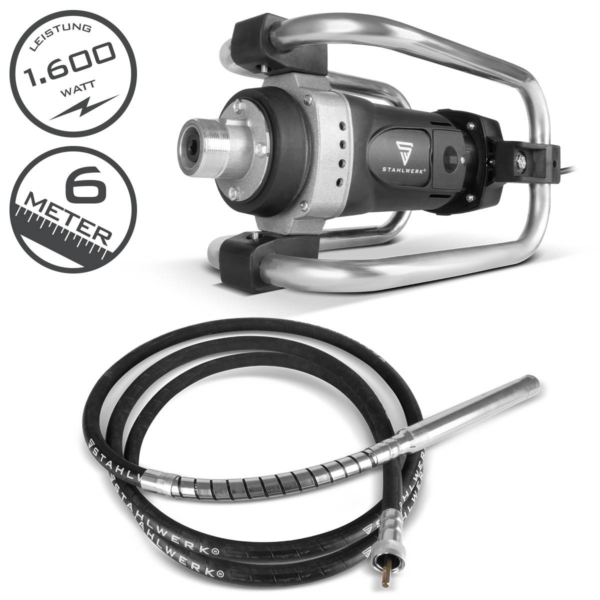 Steelwerk' Industriemixer mit 1600-Watt-Leistung, gezeigt mit einem 6-Meter-Kabel und Schlauchanbindung.