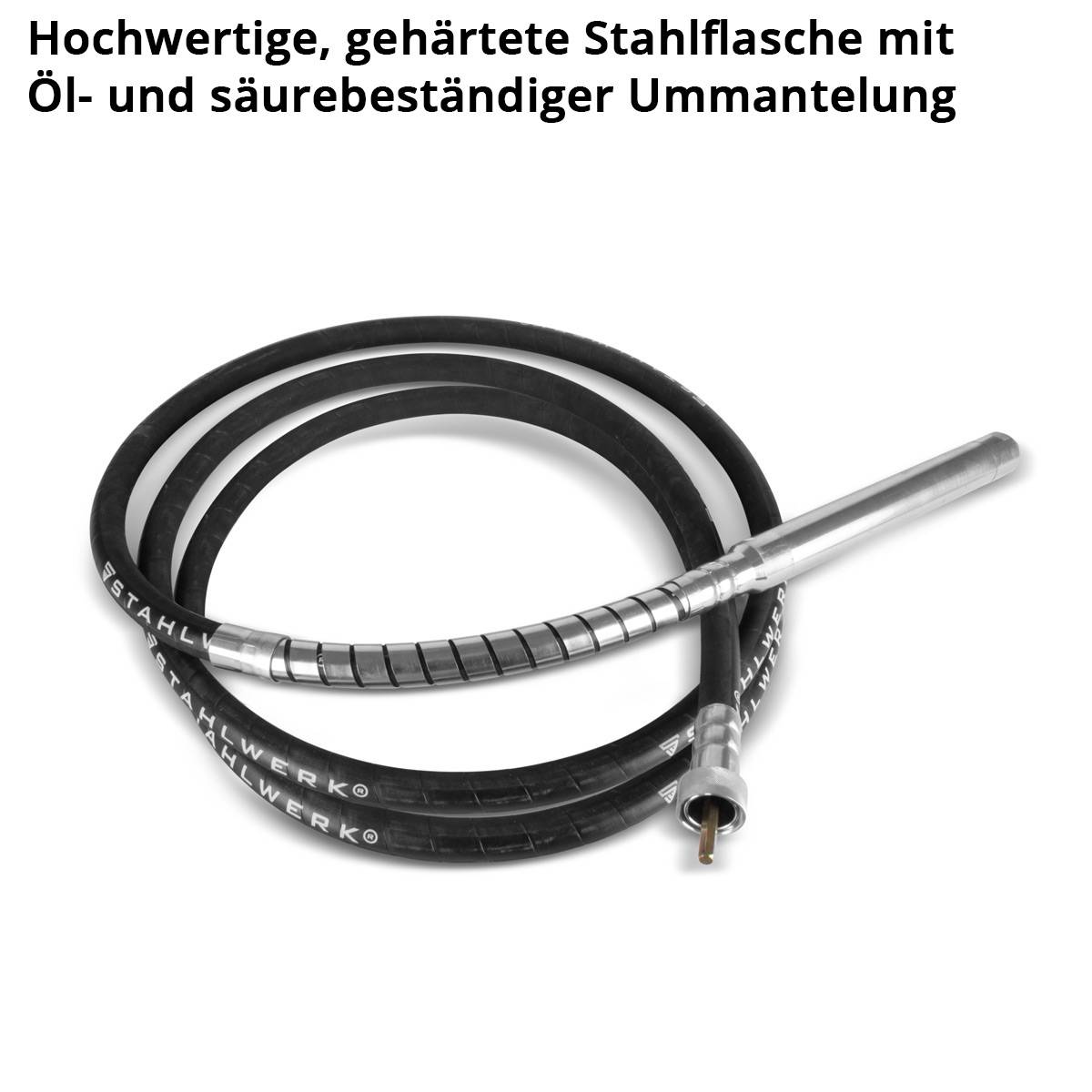 Ein gewickeltes schwarzes Kabel mit Metallsteckern. Darüber ist ein Text auf Deutsch, der sein hochwertiges, öl- und säurebeständiges Stahlgehäuse bewirbt.