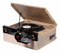 Eine Holz-Plattenspieler im Vintage-Stil mit offener Haube, auf dem eine Vinylplatte abgespielt wird. Er verfügt über einen CD-Player und einen USB-Anschluss an der Seite.