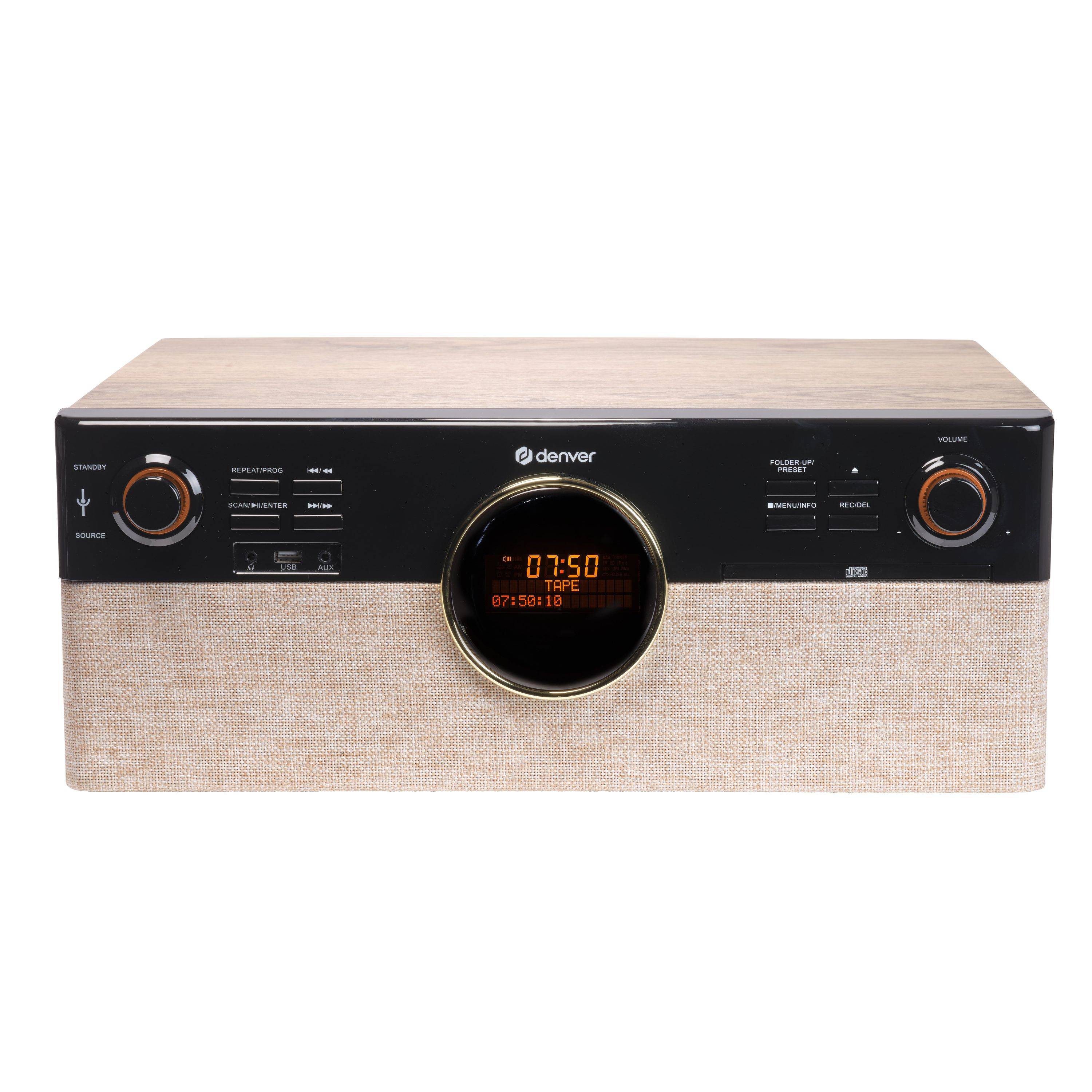 Vorderansicht eines Denver Tisch-Stereo-Radios mit Holzoberfläche, schwarzem Bedienfeld, zentraler digitaler Uhrenanzeige und Stofflautsprechergitter.