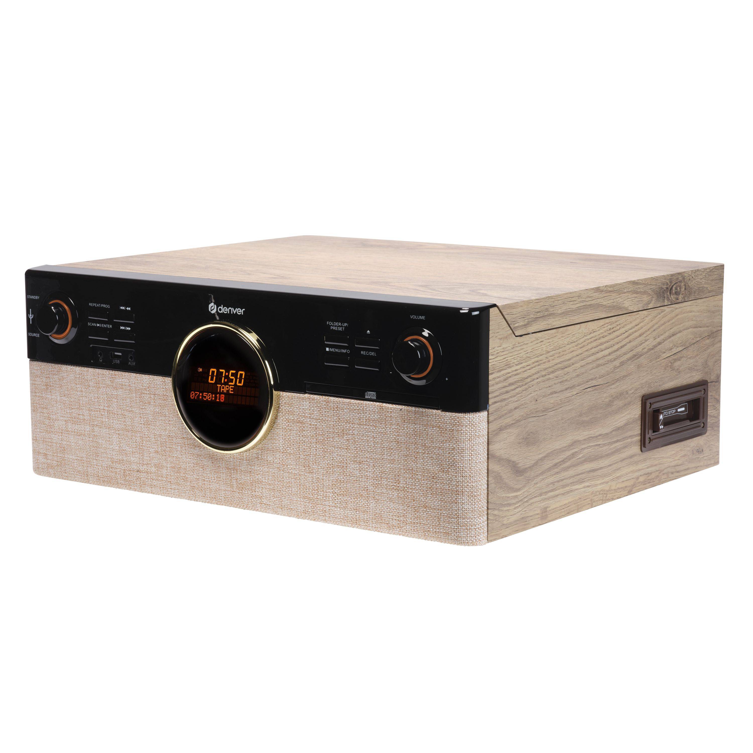 Tragbarer Audiosprechersprecher mit Holzmaserung, schwarzem Frontpanel, zentralem digitalen Display und seitlichen Regelknöpfen auf weißem Hintergrund.