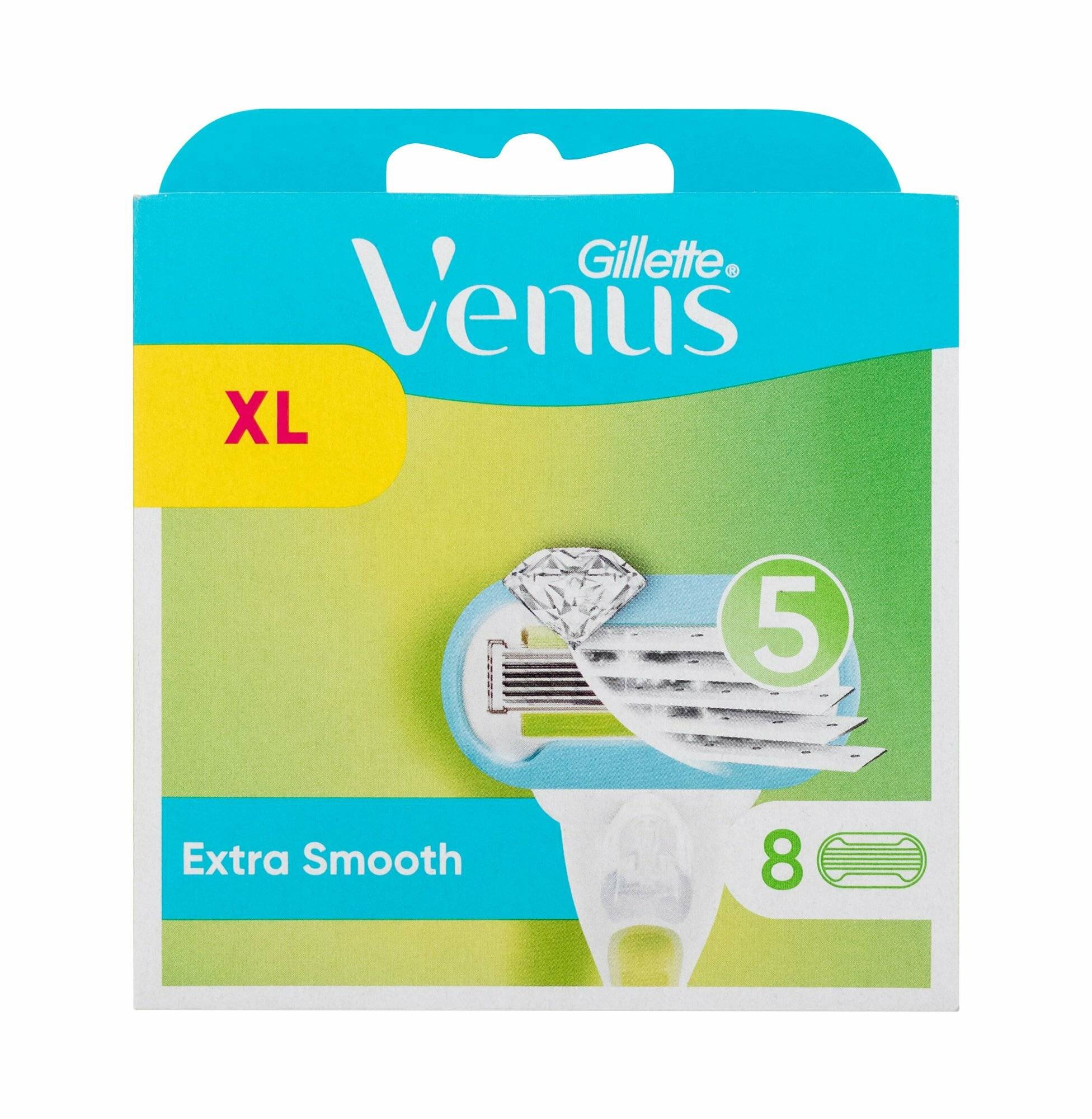 Verpackung für Gillette Venus Extra Smooth Rasierklingen mit XL-Etikett, einem Bild des Rasierkopfes und dem Text '5 Klingen' und '8 Stück'.