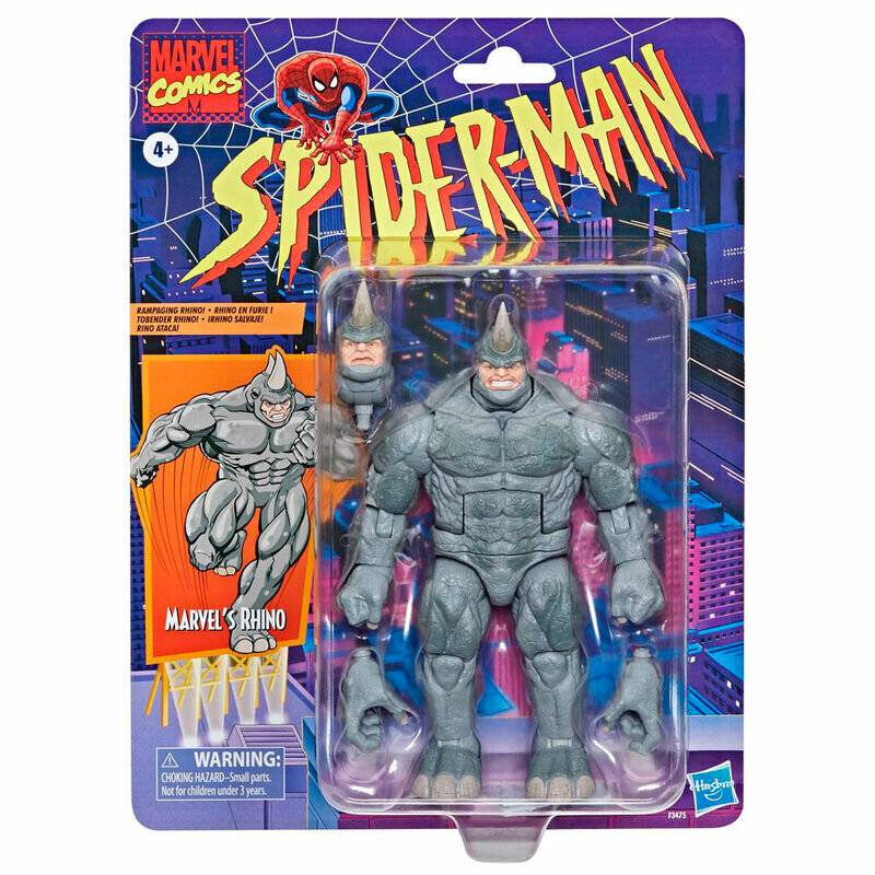 Aktionsfigur-Verpackung mit Marvels 'Rhino'-Charakter aus Spider-Man, inklusive Figur und Zubehör vor einer Stadthintergrund-Kulisse.