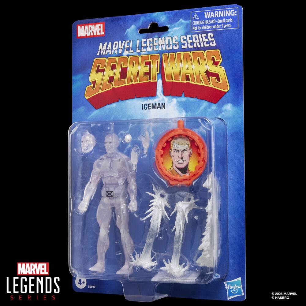 Actionfigur von 'Iceman' aus der Marvel Legends Secret Wars Serie in Verpackung, inklusive Zubehör und Eiseffekten, mit Markenbeschriftung oben.
