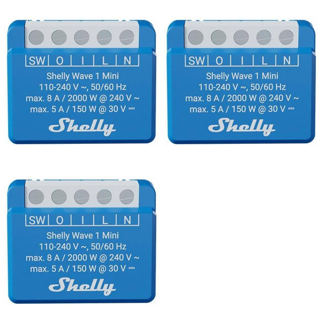 Drei blaue Shelly Wave 1 Mini Smart-Schalter mit aufgedruckten Leistungsspezifikationen, die jeweils Anschlusspunkte mit den Bezeichnungen 'SW', 'O', 'I', 'L', 'N' zeigen.