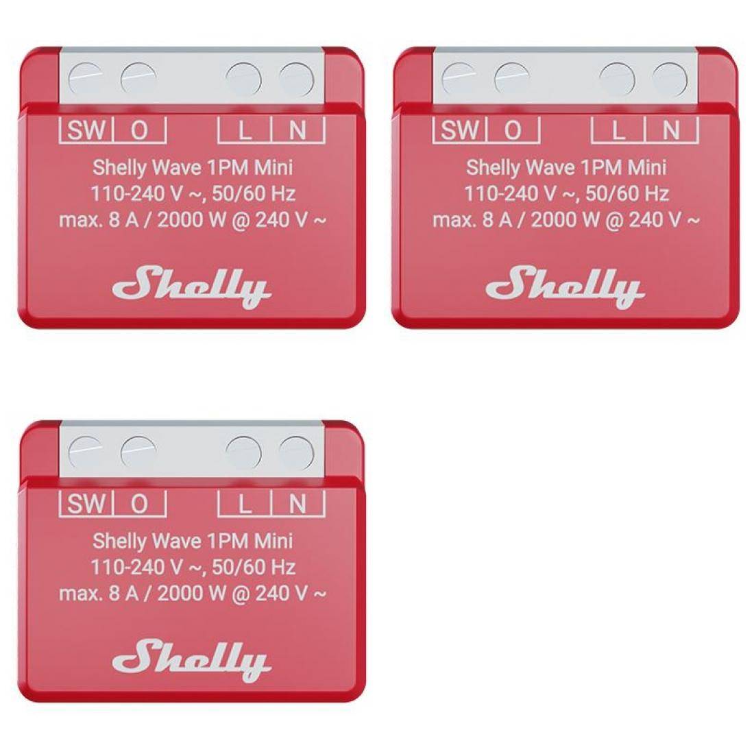 Drei rote Shelly Wave 1PM Mini Geräte werden gezeigt, jeweils beschriftet mit 'SW', 'O', 'L', 'N', mit Spezifikationen: 110-240 V, 50/60 Hz, max 8 A/2000 W bei 240 V.