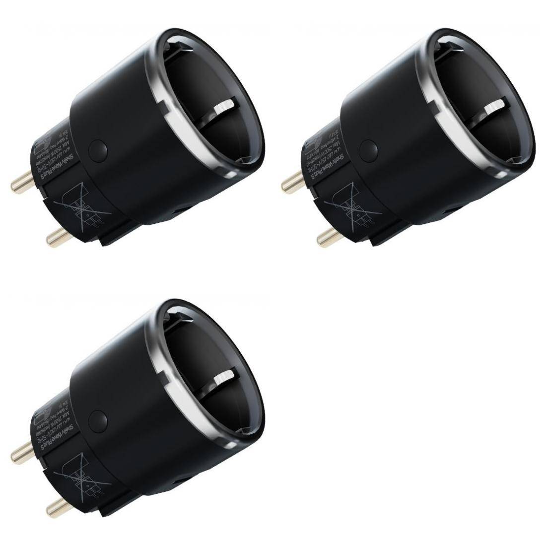 Drei schwarze elektrische Steckdosenadapter mit zwei runden Stiften sind diagonal angeordnet, geeignet für europäische Steckdosen.