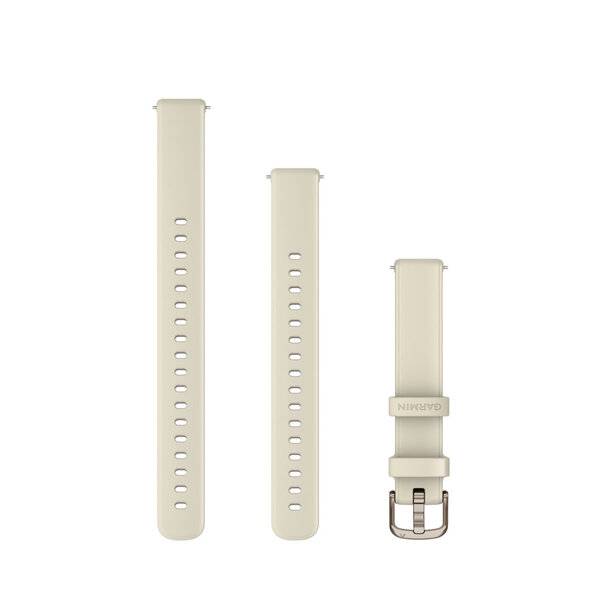 Drei beige Garmin-Uhrenarmbänder in Front- und Seitenansichten, wobei ein Armband an einer silbernen Schließe befestigt ist.