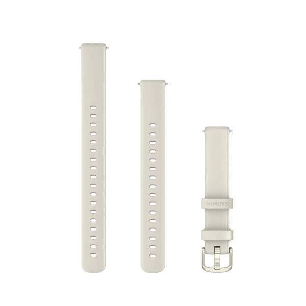 Drei beige Uhrenarmbänder in Vorder- und Seitenansicht, mit mehreren Verstelllöchern und einer Schnallenschließe.