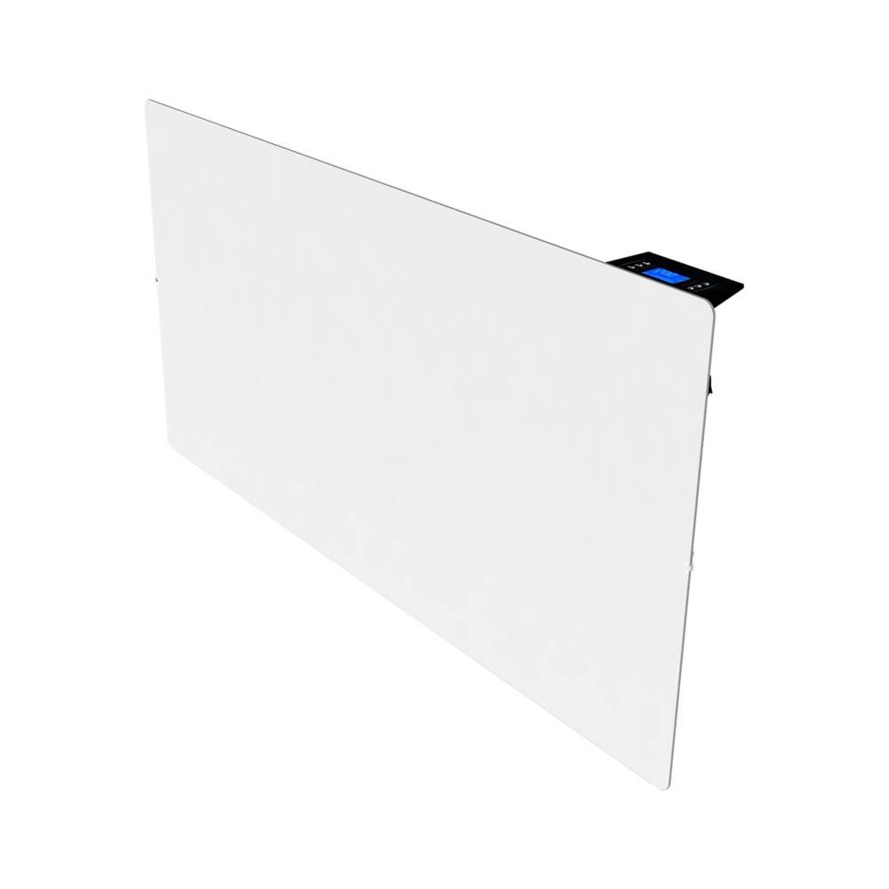 Ein weißes, rechteckiges Heizpaneel mit einer digitalen Anzeige am Rand, die Einstellungen zeigt.