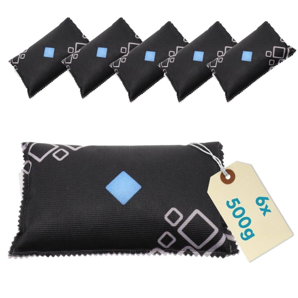 Set von 6 schwarzen Feuchtigkeitsabsorberbeuteln, je 500g, mit weißen geometrischen Mustern und blauem Diamantenzentrum, versehen mit Produktdetails.