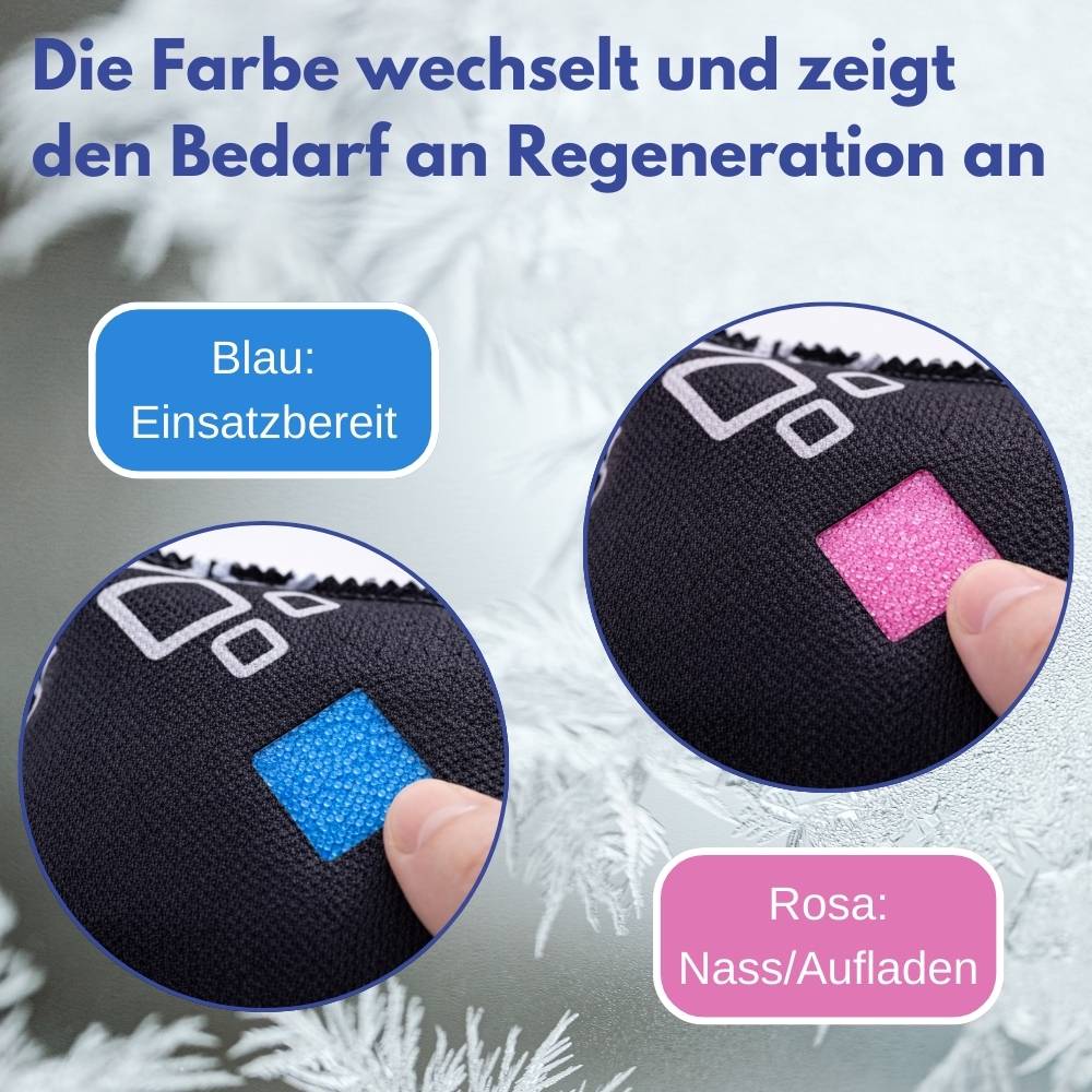 Die Farbe wechselt und zeigt den Bedarf an Regeneration an. Blau zeigt 'Einsatzbereit' an, und rosa zeigt 'Nass/Aufladen'.
