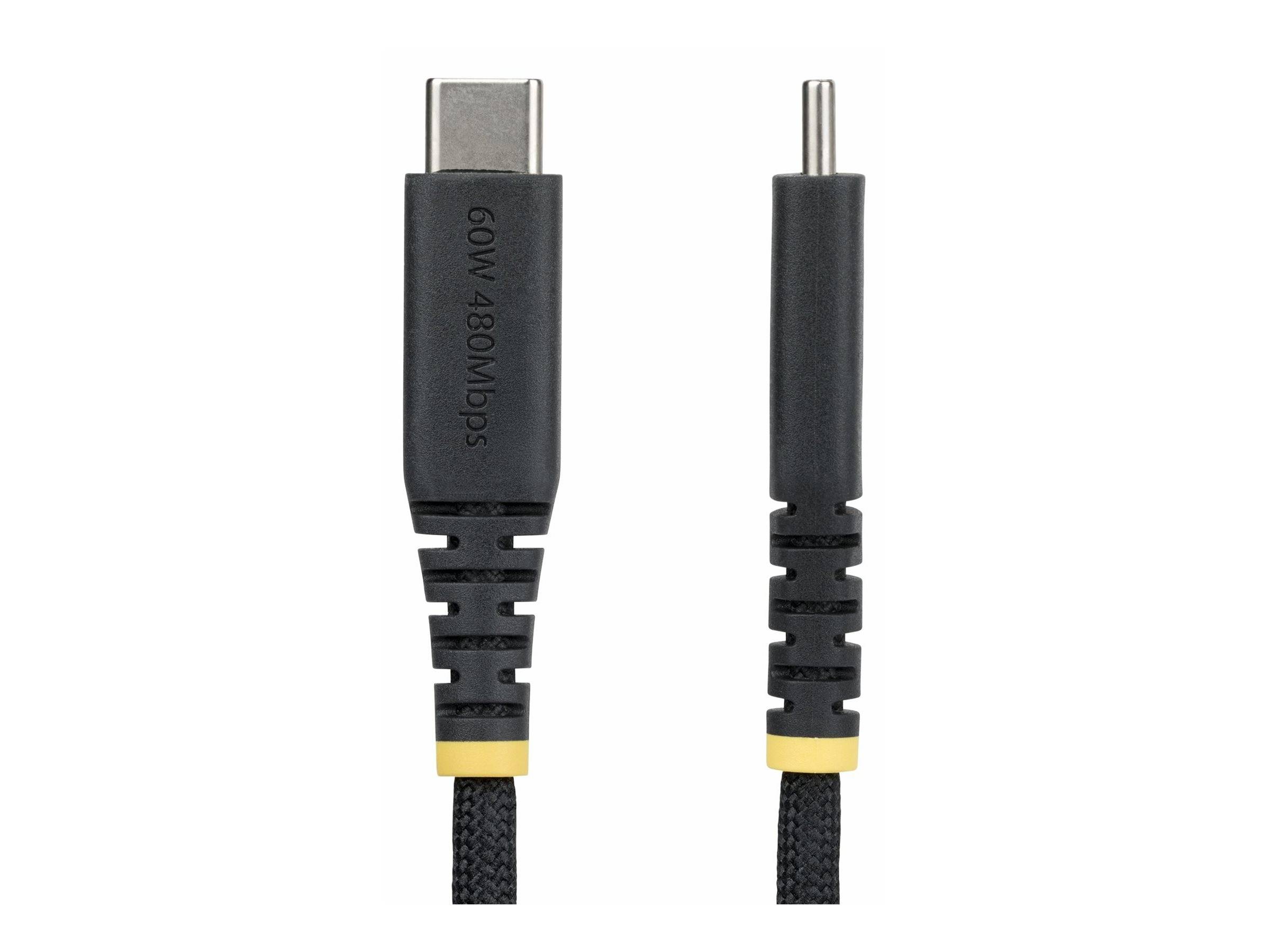 USB-C-auf-DC-Kabel, 60W, 480 Mbit/s Übertragungsgeschwindigkeit, schwarz mit geflochtener Textur und gelben Akzenten, zeigt USB-C- und DC-Anschlüsse.
