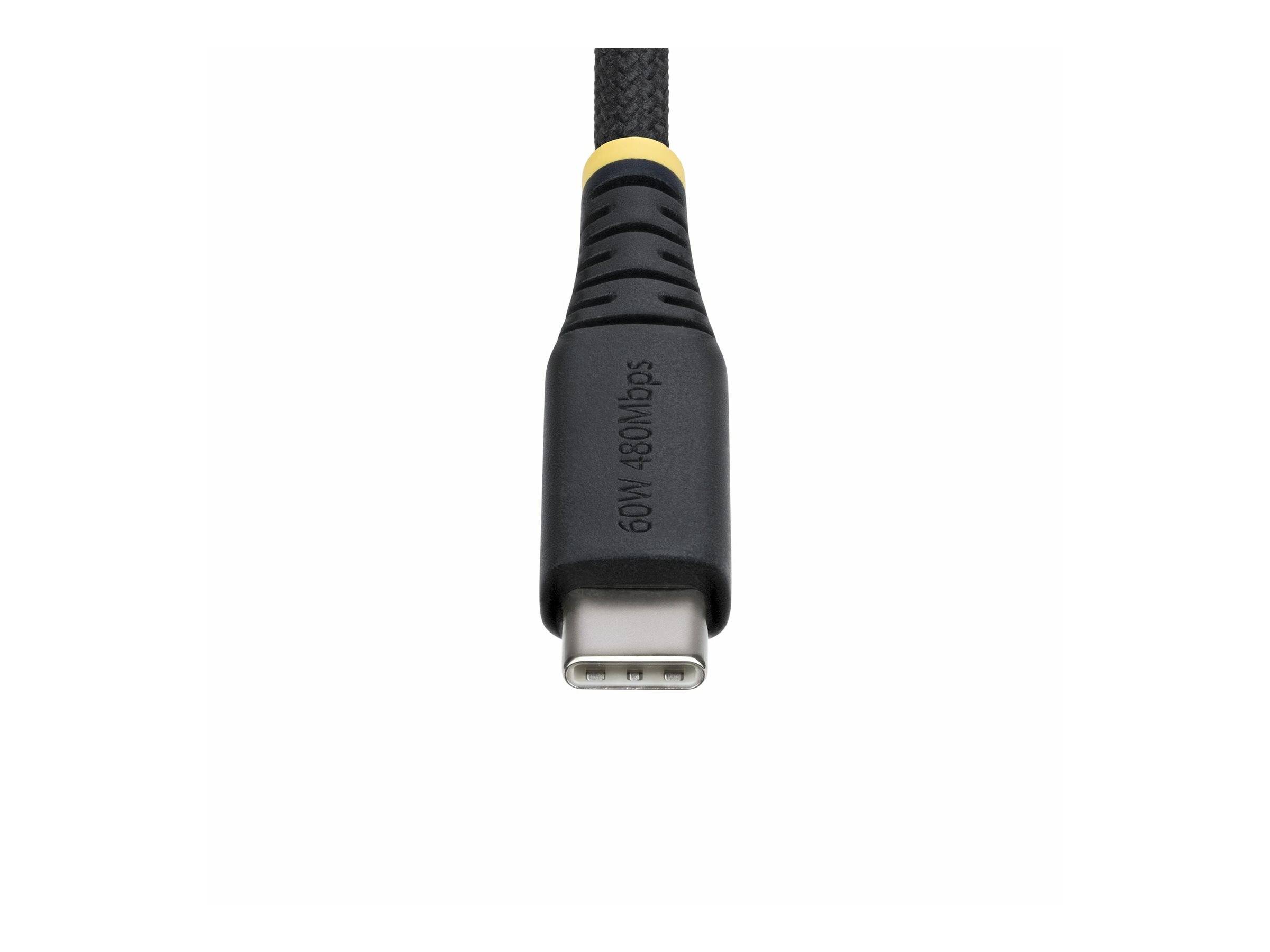 Eine Nahaufnahme eines USB-C-Kabels mit einem schwarzen geflochtenen Außenmantel und gelber Akzentuierung, beschriftet mit '60W 480Mbps', was seine Leistungs- und Datenübertragungsfähigkeiten anzeigt.
