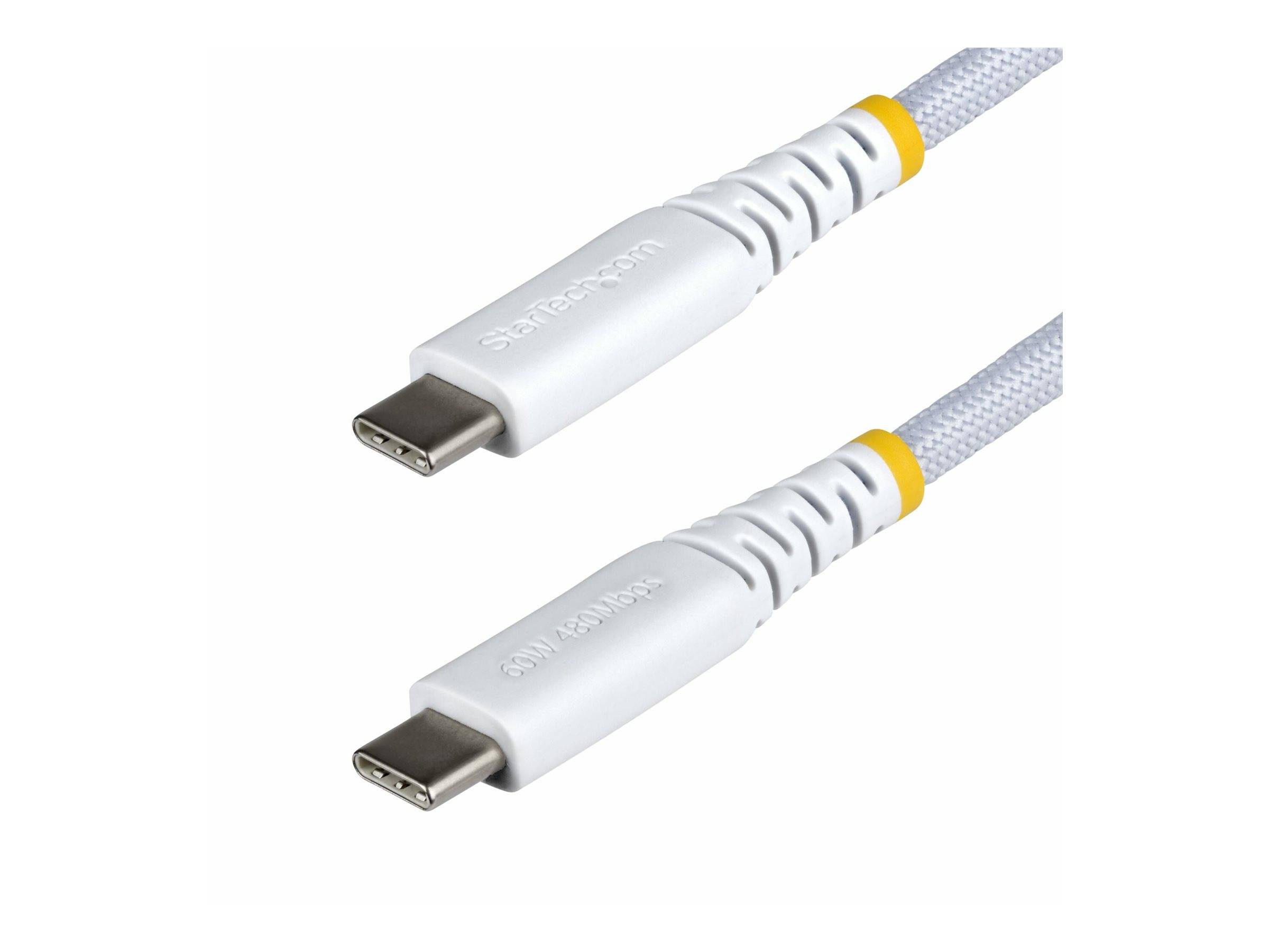 Zwei weiße USB-C-Kabel von StarTech.com, mit gelben Details nahe den Anschlüssen, die vor einem weißen Hintergrund abgebildet sind.