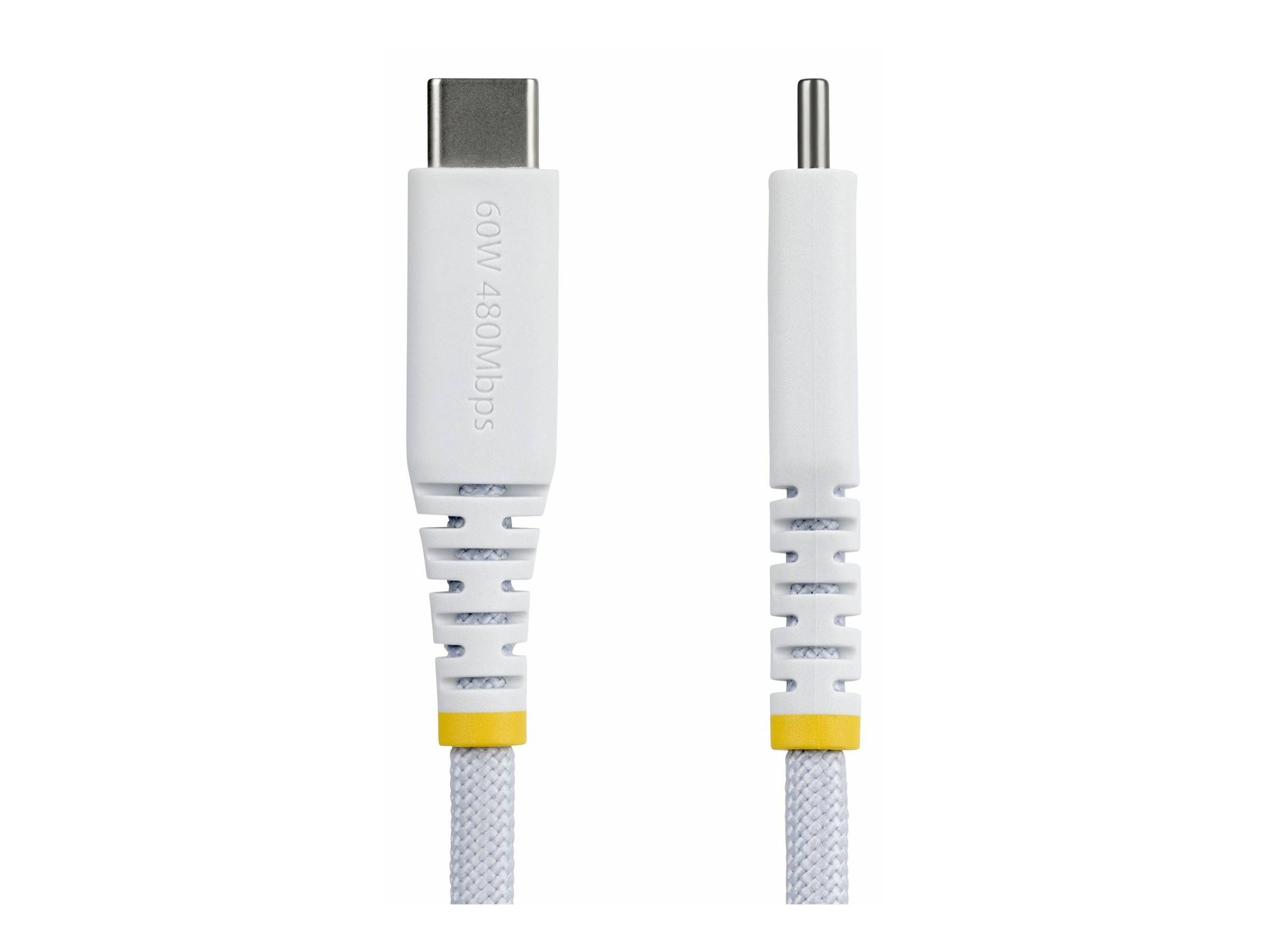 Zwei weiße USB-C-Kabel mit gelben Akzenten, eines mit einem USB-C-Anschluss, das andere mit einem kleineren, proprietär wirkenden Anschluss, gekennzeichnet mit 60W 480Mbps.