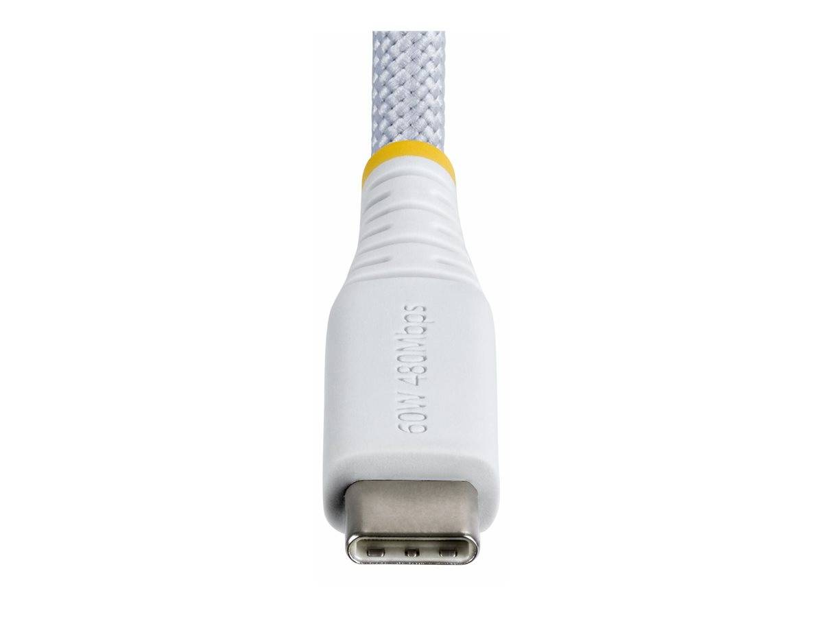 Ein USB-C-Kabel mit weißer geflochtener Außenhülle und gelben Akzenten, das mit '60W' in der Nähe des Anschlussende beschriftet ist.