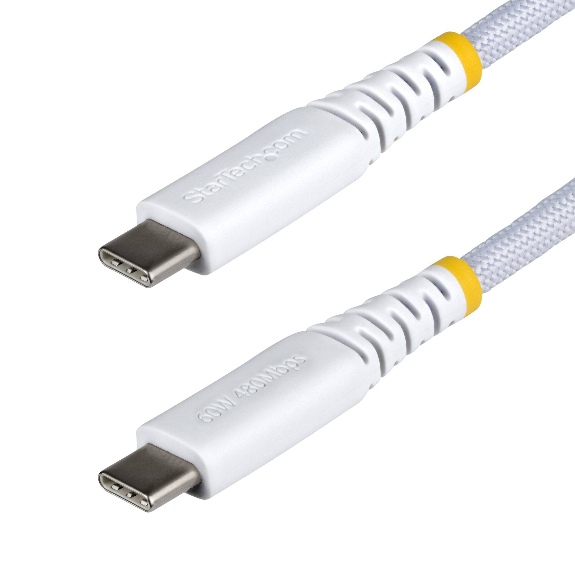 Zwei weiße USB-C-Kabelenden mit geflochtenen grauen Kabeln und gelben Akzenten, gezeigt auf einem einfachen weißen Hintergrund.