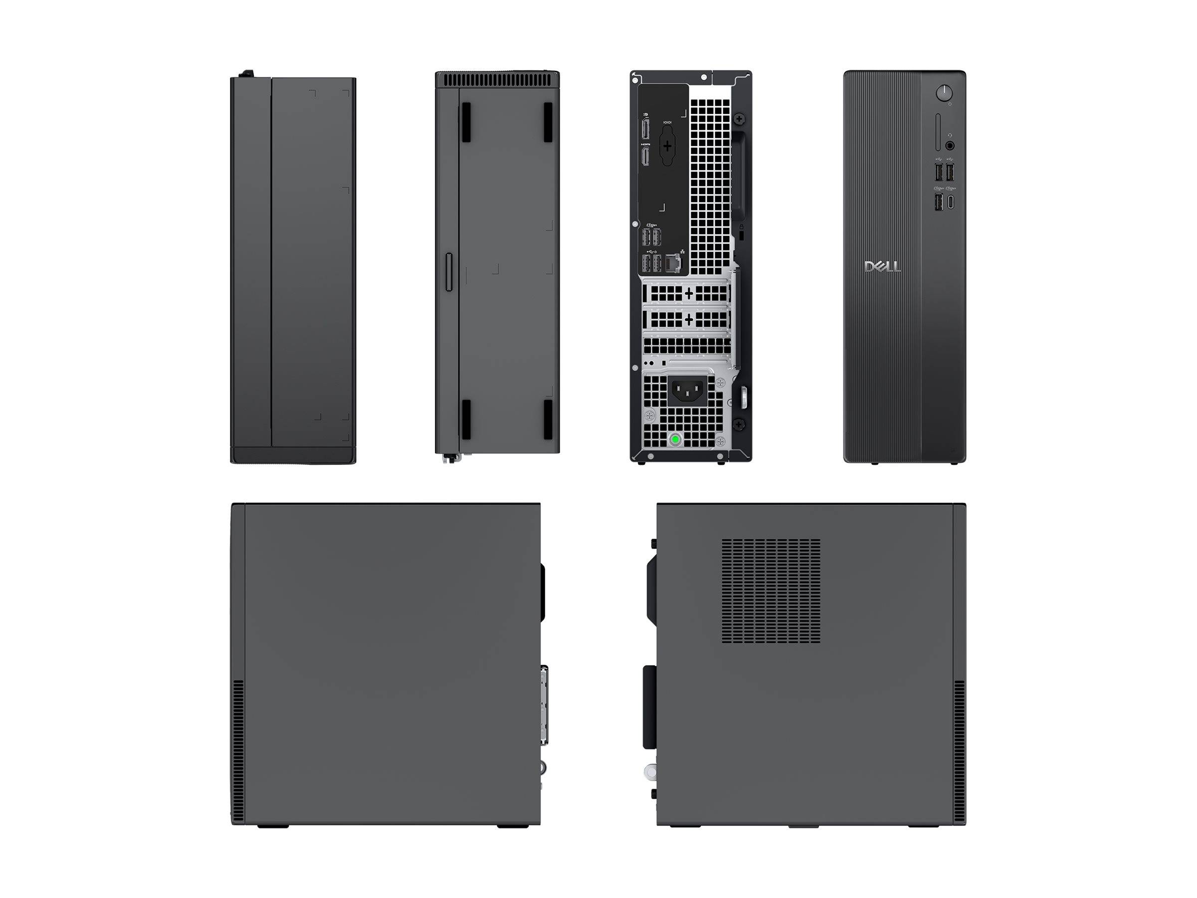 Darstellung eines Dell-Desktop-Computers aus verschiedenen Blickwinkeln: Vorderseite, Seitenflächen, Oberseite, Unterseite und Rückseite, wobei Anschlüsse, Netzteil und Belüftungsöffnungen sichtbar sind.