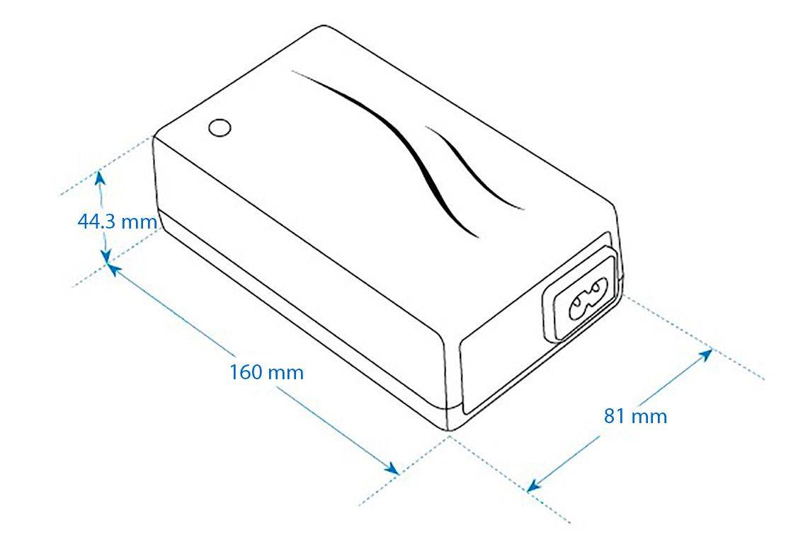 Ein rechteckiges Gerät mit Abmessungen von 160 mm x 81 mm, das an einem Ende eine Stromversorgungsbuchse und auf der Oberseite einen kleinen Knopf aufweist.