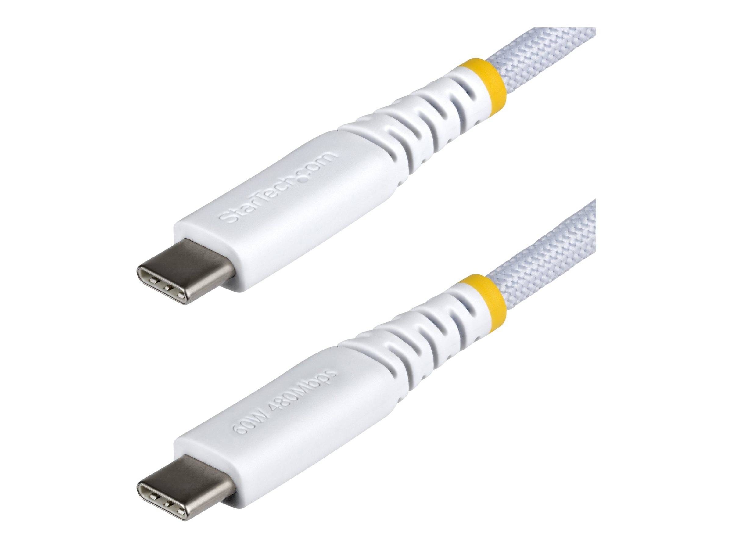 Zwei weiße USB-C-Kabelenden mit geflochtenen grauen Schnüren und gelben Ringen, dargestellt auf weißem Hintergrund.