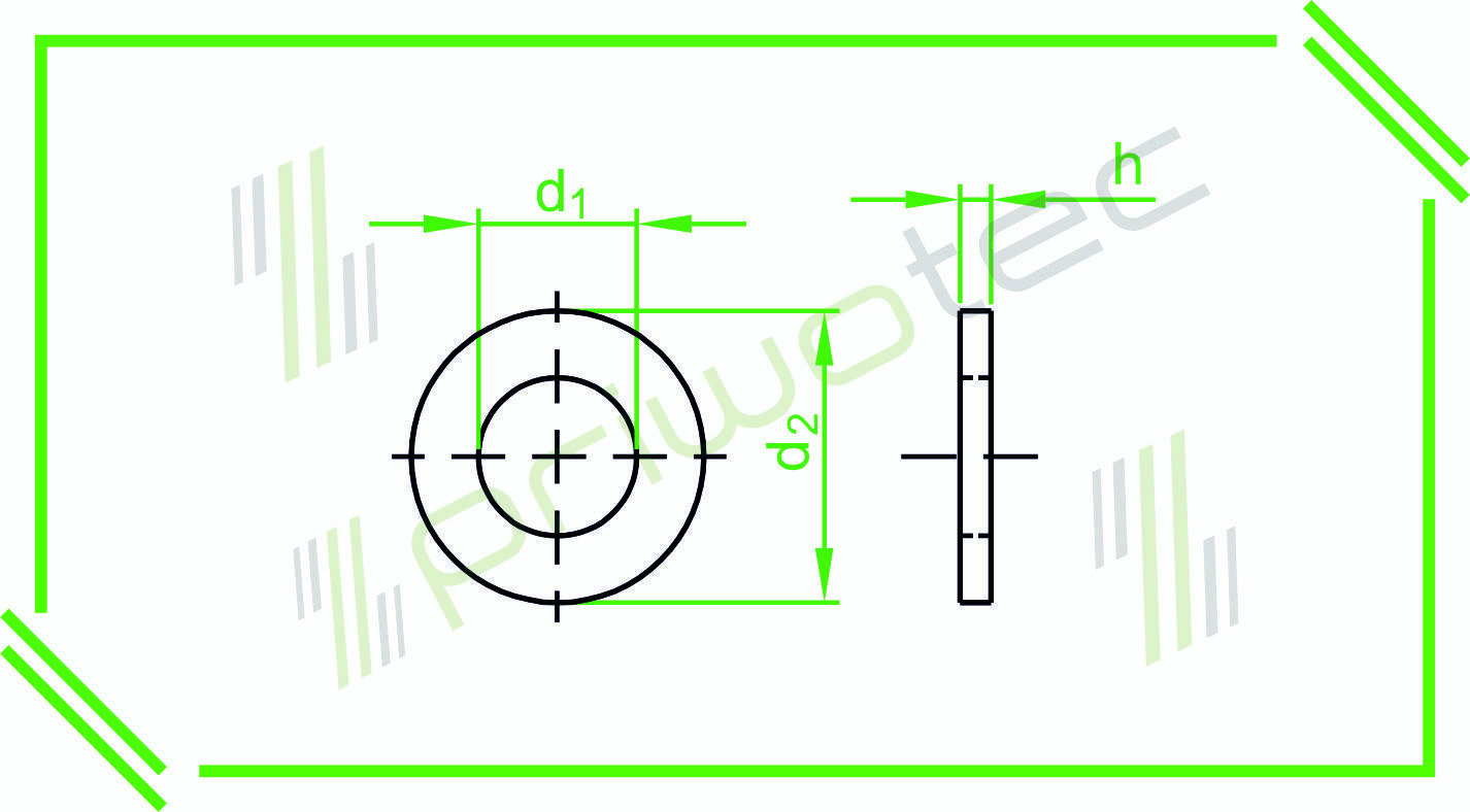Technische Zeichnung einer Waschmaschine, mit Ansichten von oben und der Seite. Abmessungen mit d1, d2 und h beschriftet, die Durchmesser- und Höhenmessungen angeben.