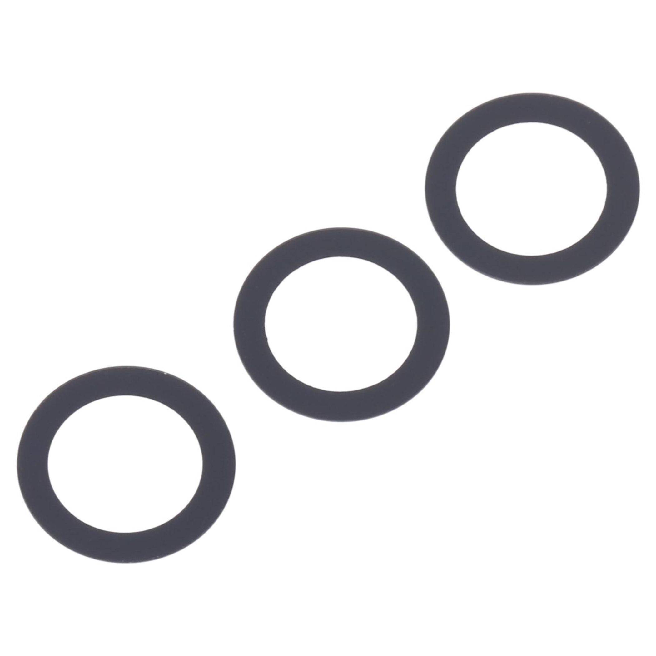 Drei schwarze O-Ringe, horizontal auf einem weißen Hintergrund angeordnet.