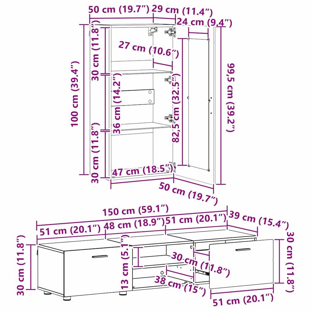 Diagramm eines Wandschranks und TV-Ständers mit Abmessungen in Zentimetern und Zoll. Der Schrank zeigt Innenregale; der Ständer hat drei Fächer.