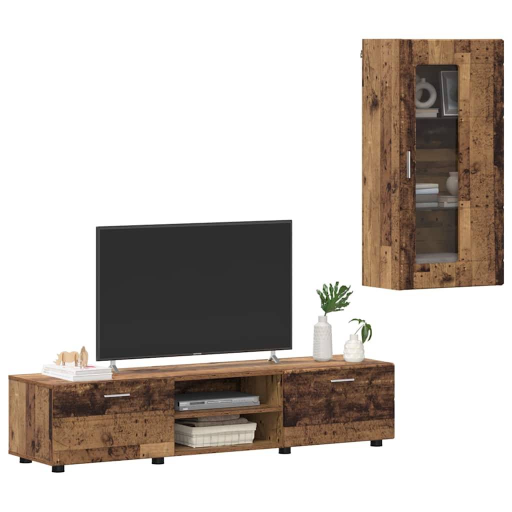 Rustikale Holz-Medieneinheit mit Fernseher, Büchern und Pflanzen. Wandmontierter Schrank mit Glastür auf der rechten Seite, im gleichen Stil.