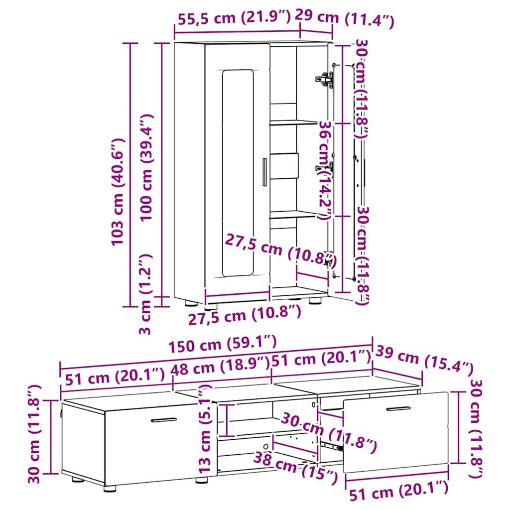 Die Abbildung zeigt Linienzeichnungen eines Kleiderschranks und eines Sideboards mit detaillierten Maßangaben in Zentimetern und Zoll für jede Dimension.