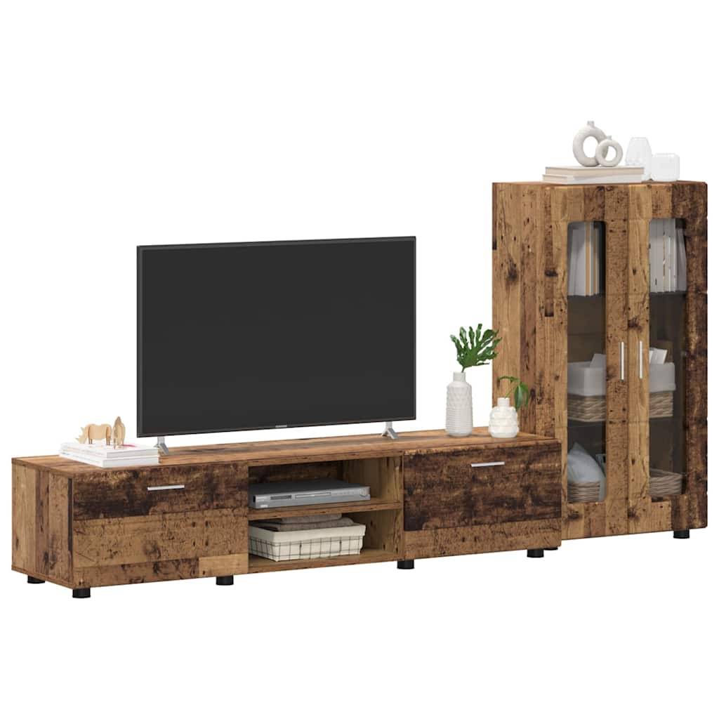 Stilvolles Holz-Unterhaltungsmöbel mit montiertem Fernseher, Regalen mit Büchern und dekorativen Gegenständen, vor einem weißen Hintergrund.