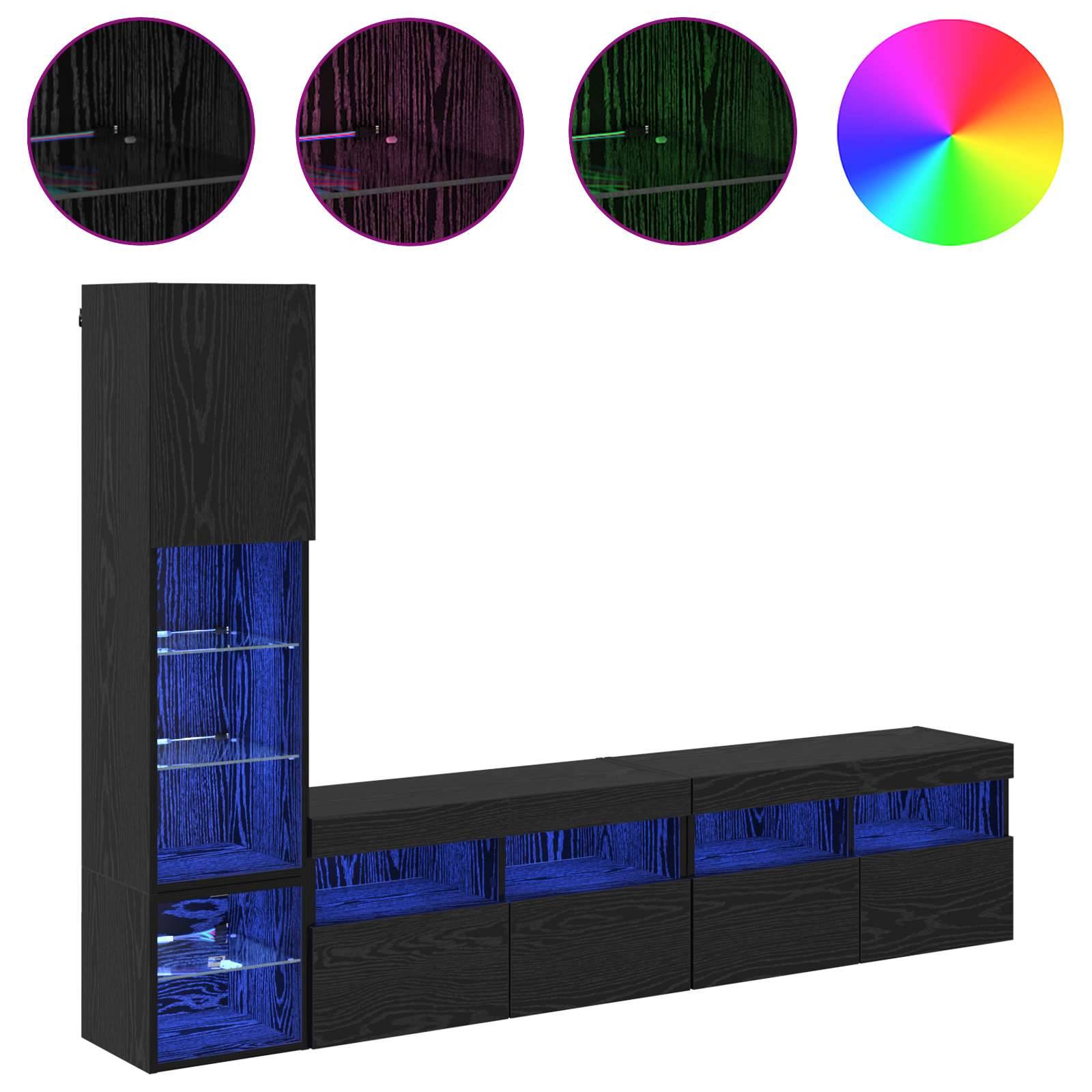 vidaXL TV-Wandmöbel mit LED 4 pcs Schwarz Eichen-Optik Holzwerkstoff