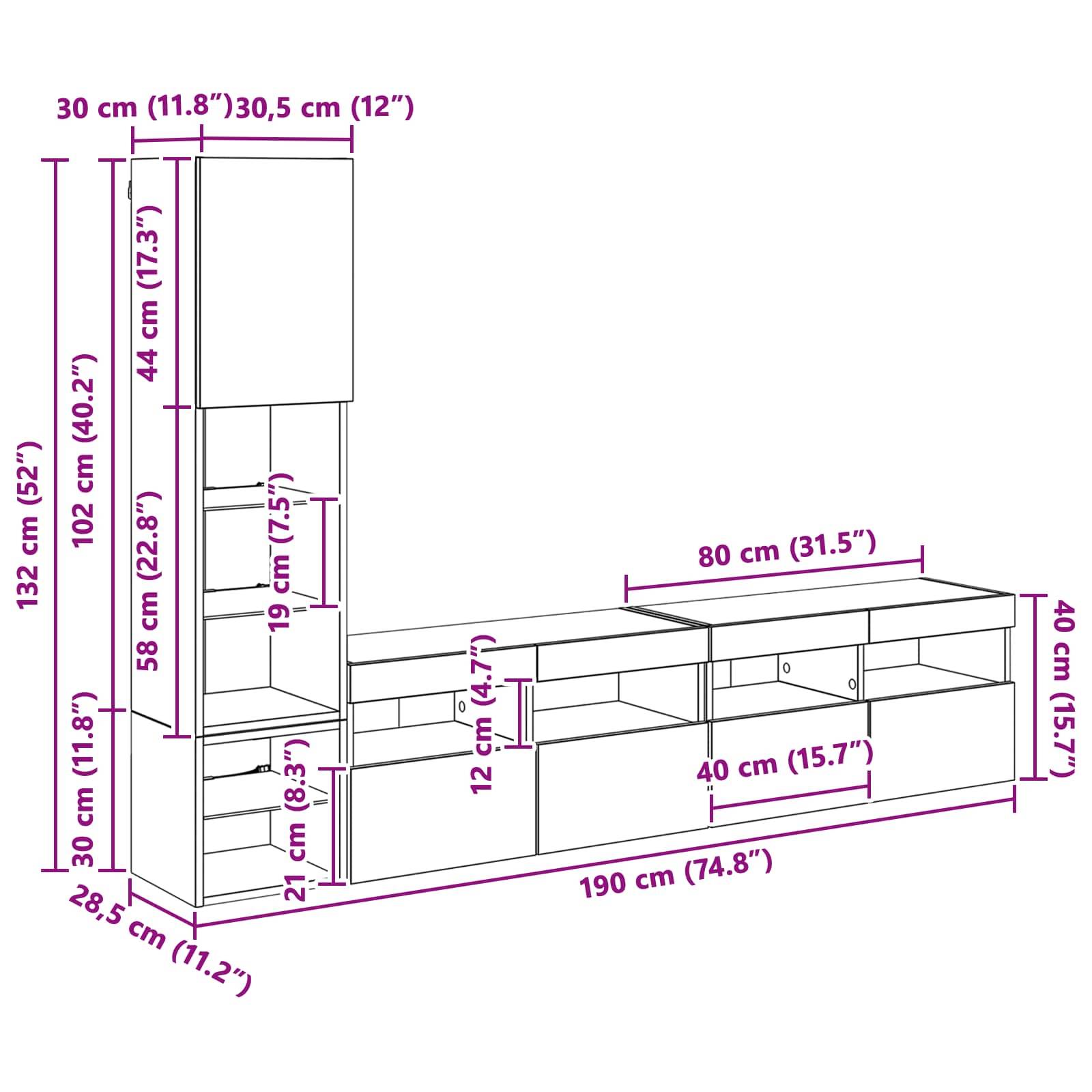 Eine Linienzeichnung eines modularen Regalsystems mit Maßangaben in Zentimetern und Zoll, die die Höhe, Breite und Tiefe jedes Abschnitts zeigt.