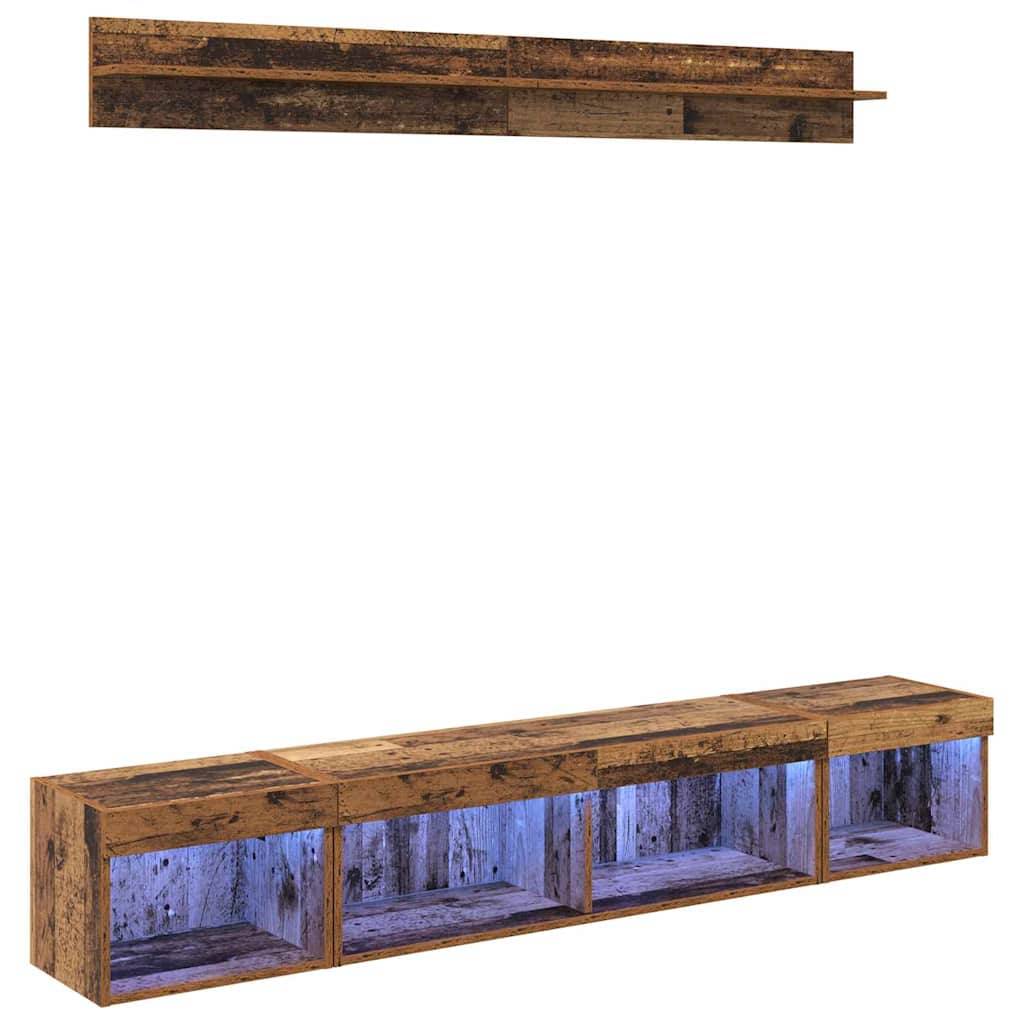 Ein rustikales Holz-TV-Ständer und Wandregal, beide mit offenen Regalen und blauer LED-Beleuchtung, die eine warme, einladende Atmosphäre schaffen.