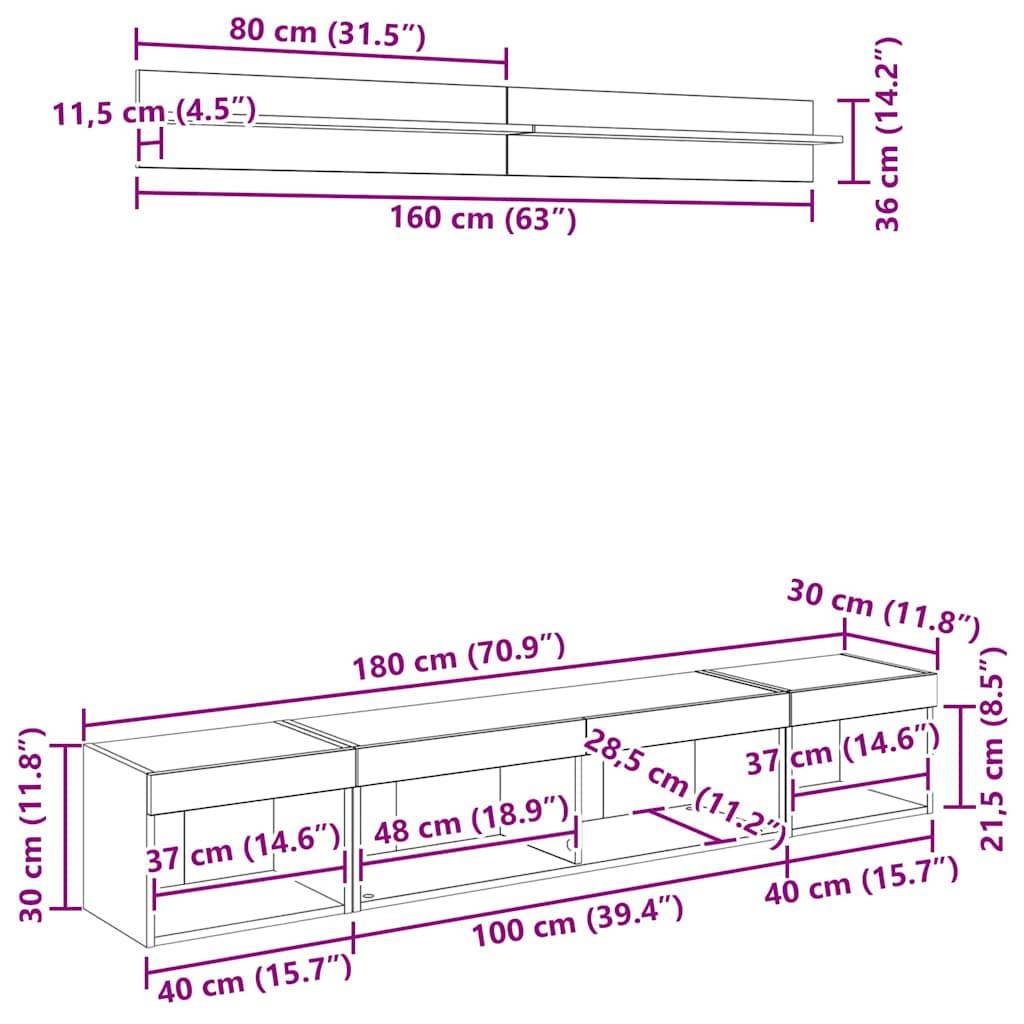 Diagramm zur Darstellung der Abmessungen eines Wandregals und TV-Ständers. Wandregal: 80 cm breit, 11,5 cm tief, 36 cm hoch. TV-Ständer: 160 cm breit, 30 cm tief, 40 cm hoch mit Aufbewahrungsfächern.