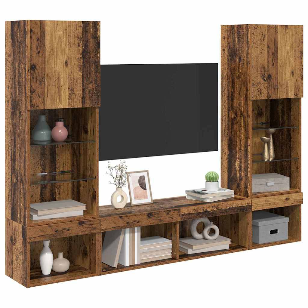 Holz-Entertainment-Center mit Regalen und Schränken, auf dem dekorative Gegenstände wie Vasen und Bücher präsentiert werden, mit einem Platz für einen Fernseher.