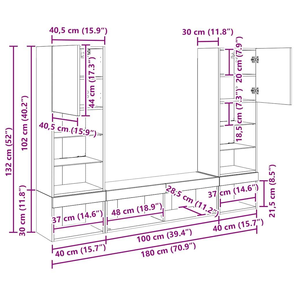 Entertainment-Center-Abmessungen: Höhe 132 cm, Gesamtbreite 180 cm, obere und untere Stauraum-Einheiten mit Maßangaben in cm und Zoll.