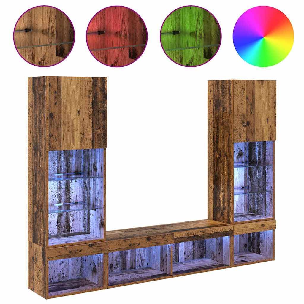 Entertainment-Center mit rustikaler Holzoberfläche und LED-Beleuchtungsoptionen in Mehrfarbigkeit, dargestellt in Rot, Grün und Blau.