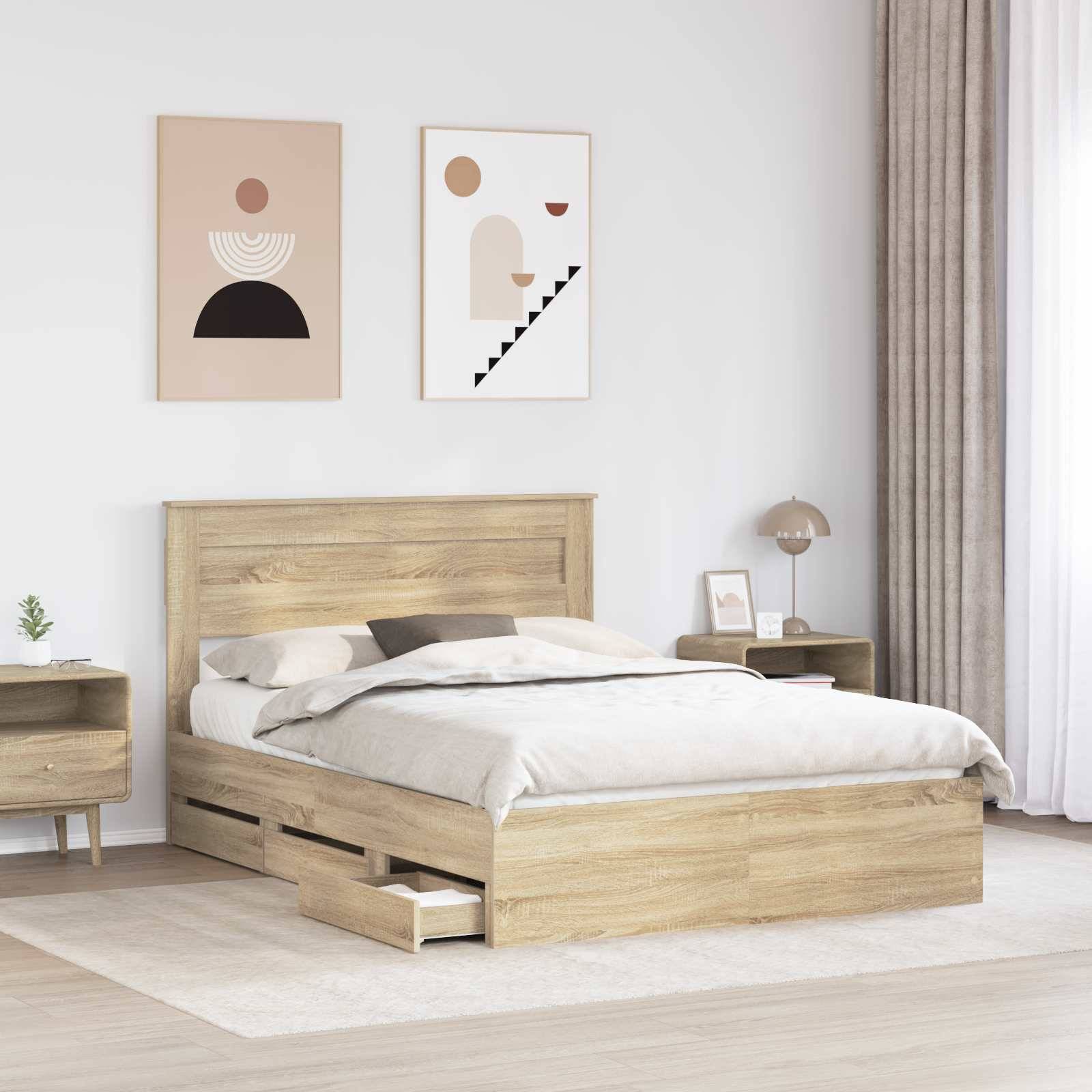 Schlafzimmer mit einem Holzbett mit integrierten Schubladen, ergänzt durch einen Nachttisch und moderne Kunst an der Wand. Gemütlich und minimalistisch.