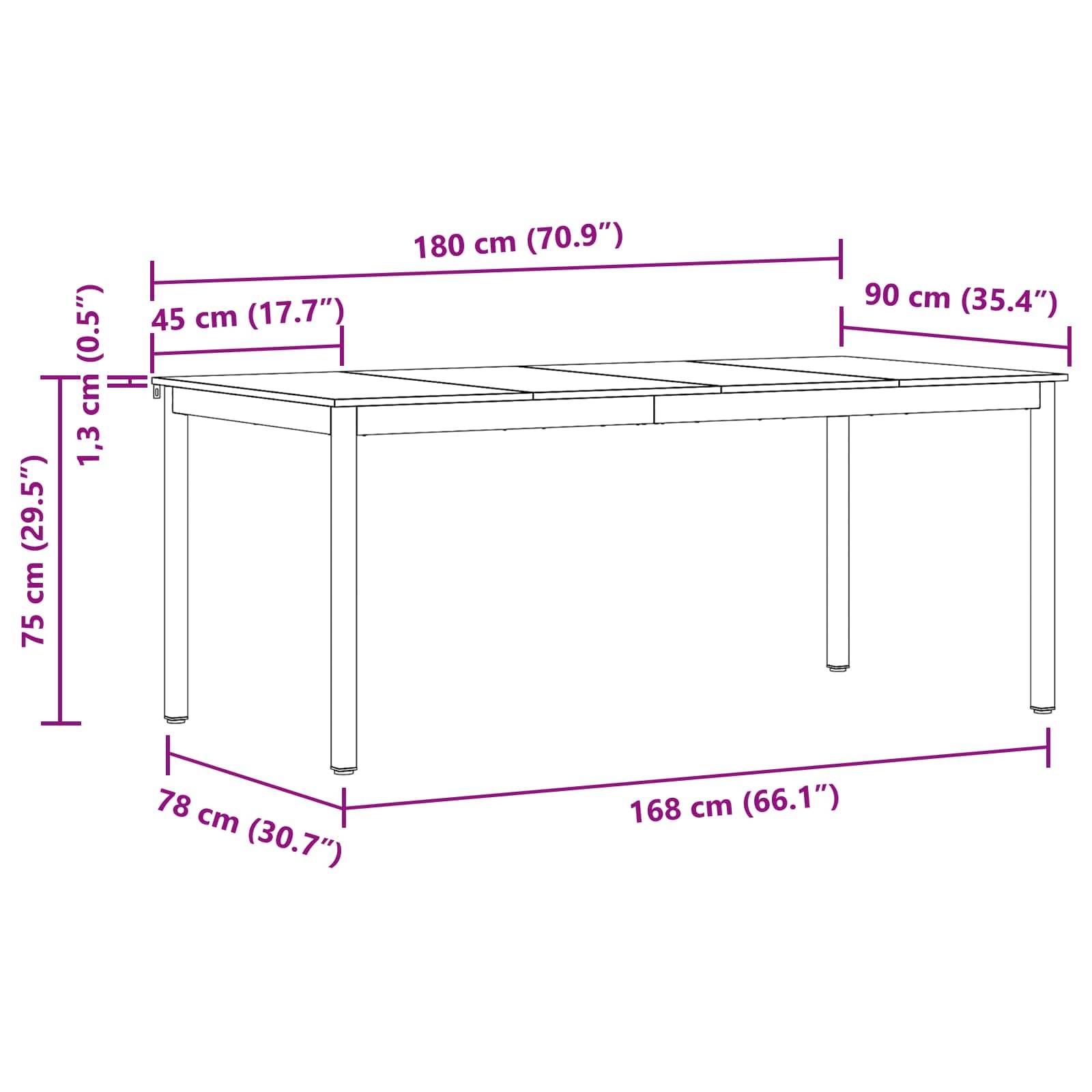 Diagramm eines Esstisches mit Maßen: Länge 180 cm (70,9
