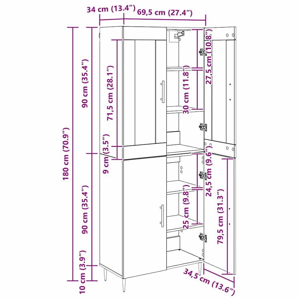 vidaXL Highboard Altholz 69,5 x 34 x 180 cm Holzwerkstoff