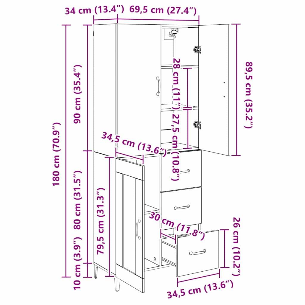 Hochschrank-Diagramm mit Maßangaben: Höhe 180 cm, Breite 80 cm, Tiefe 34 cm. Enthält Regale, vier Schubladen und zwei Türen mit detaillierten Maßangaben.