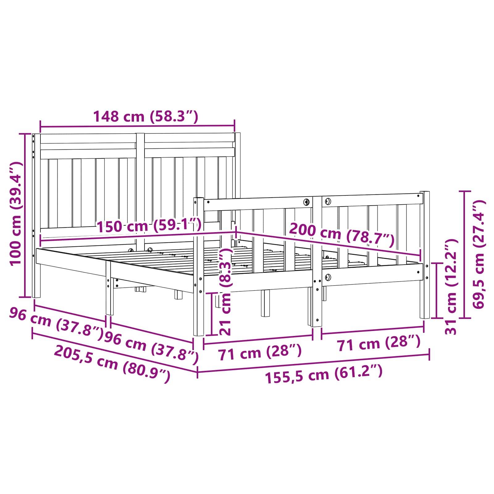 Ein Metallbettgestell mit Maßangaben in Zentimetern und Zoll: Höhe 100 cm (39,4