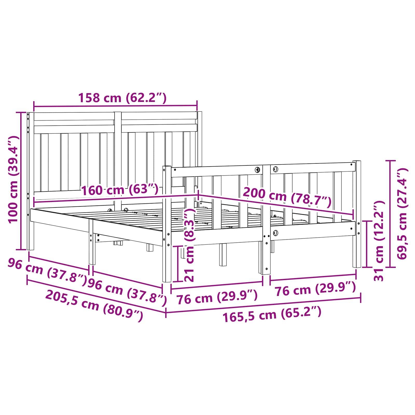 Diagramm eines Holzbettes mit Abmessungen in Zentimetern und Zoll, das die Länge, Breite, Höhe und andere wichtige Maße zeigt.