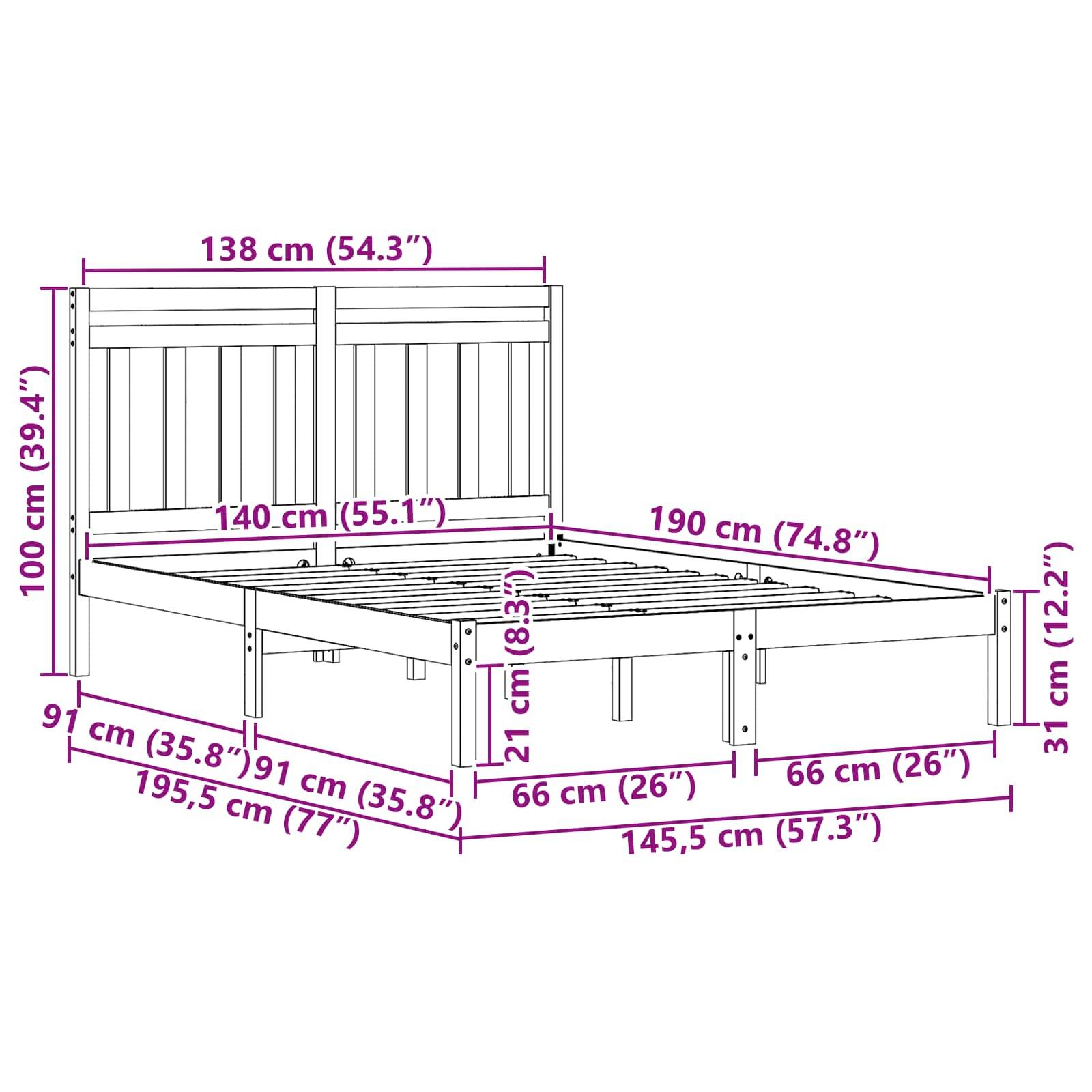 Eine Skizze eines Bettgestells mit Abmessungen: Breite 140 cm, Länge 190 cm, Höhe 100 cm für das Kopfteil und Basishöhe 31 cm.
