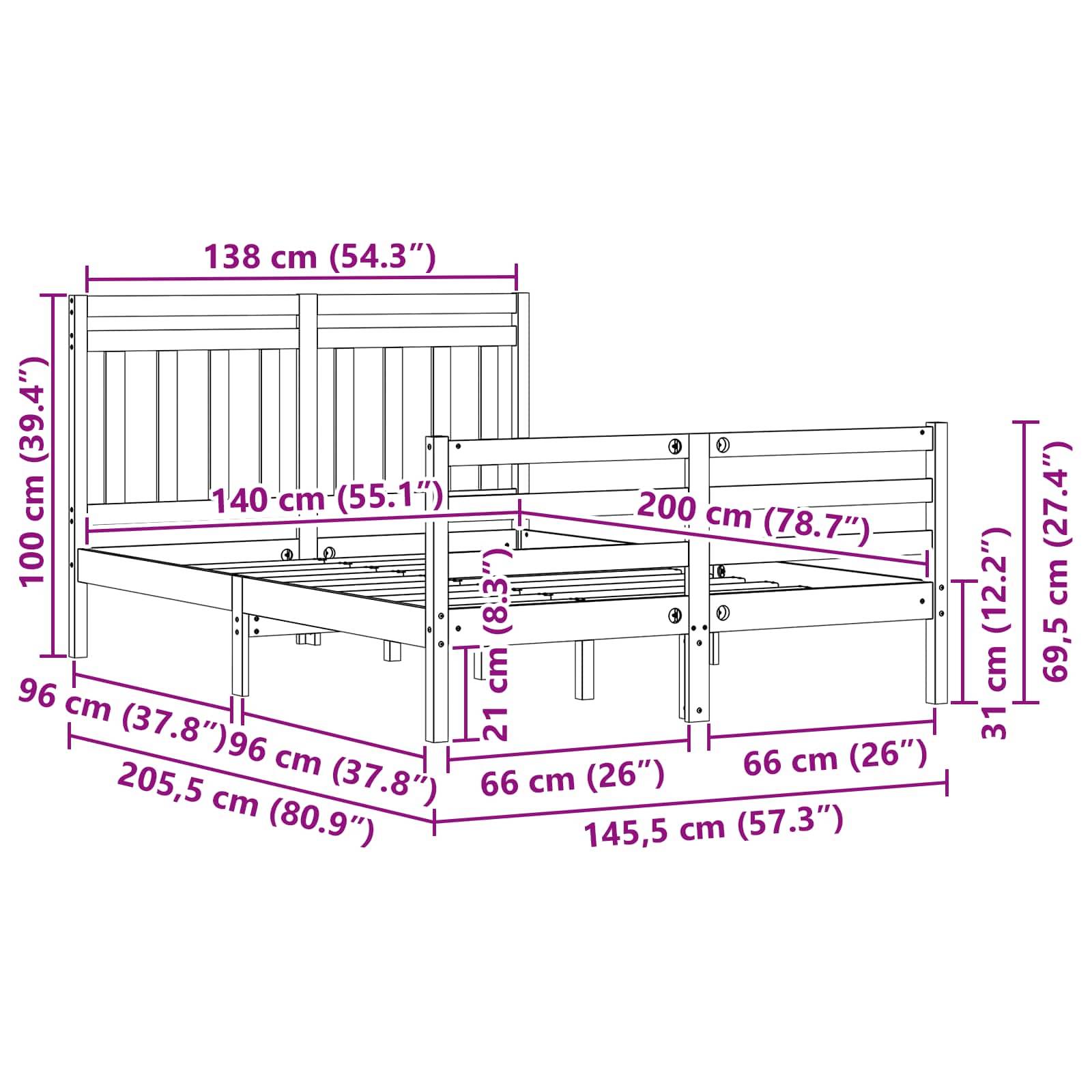 Rahmendiagramm eines Bettgestells mit detaillierten Maßangaben in Zentimetern und Zoll, das die Dimensionen für Höhe, Breite und Tiefe zeigt.