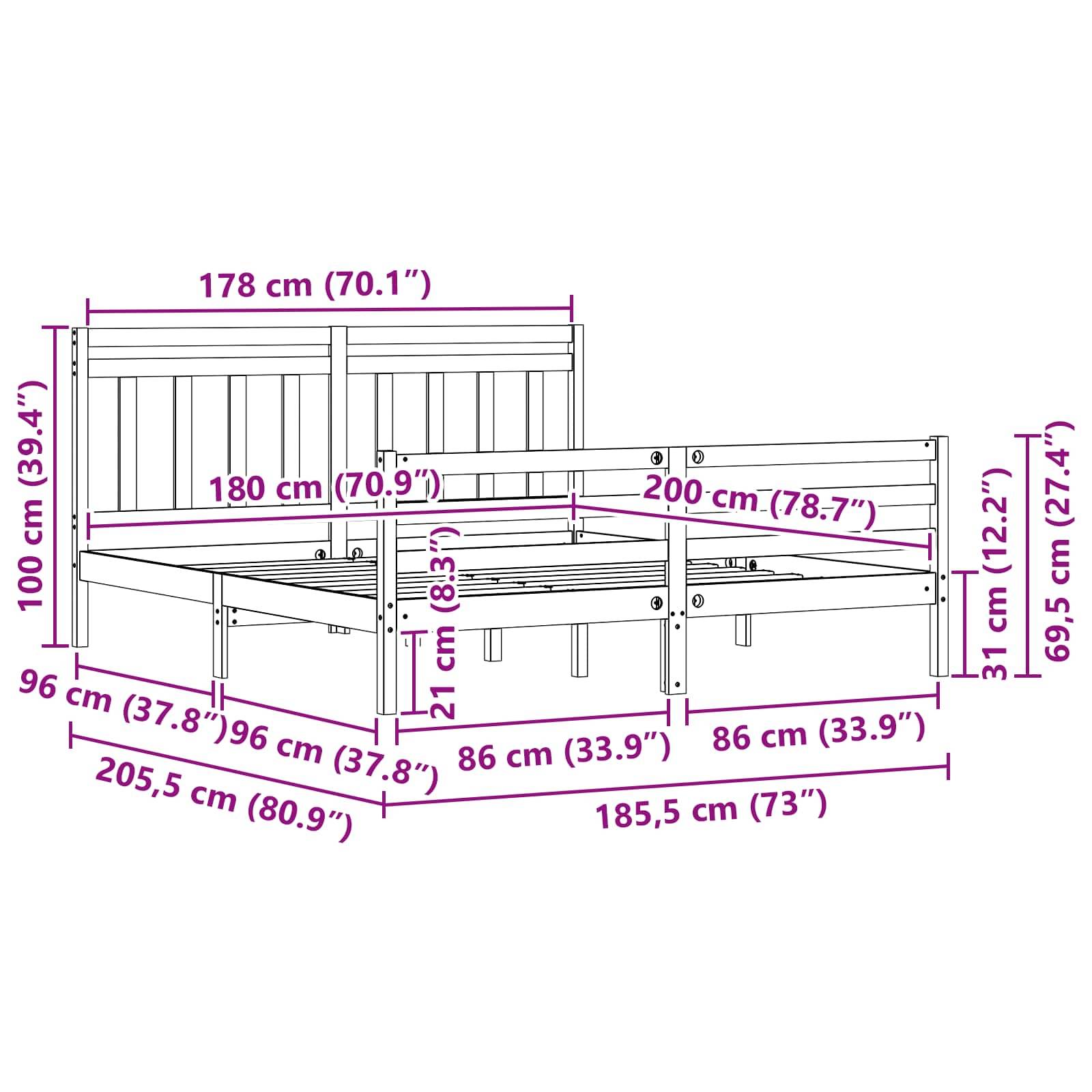 Diagramm eines Bettgestells mit Abmessungen: Breite 178 cm (70,1