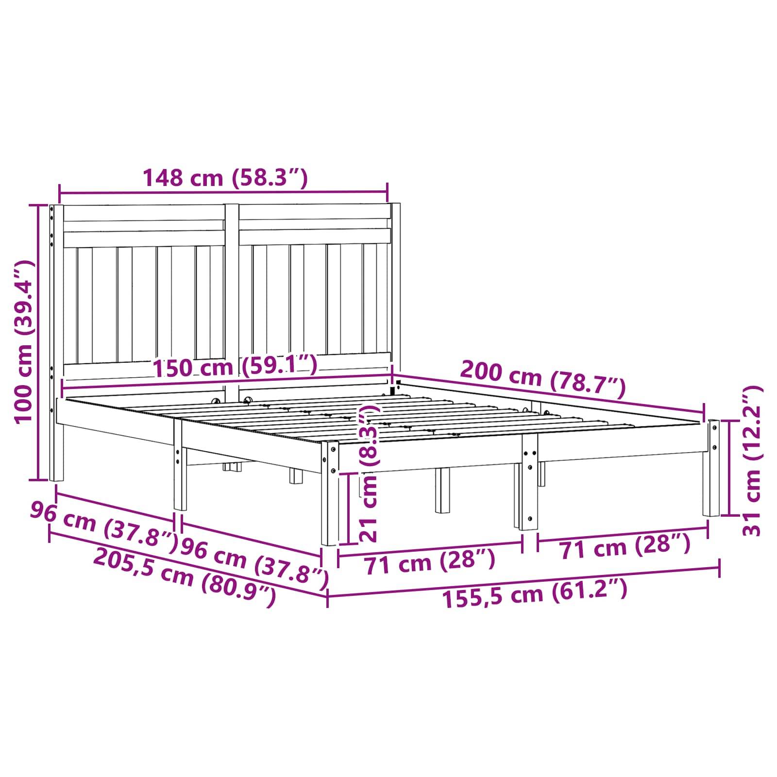 Illustrierte Abmessungen eines Plattformbettes: 148 cm breit, 200 cm lang, 100 cm hohe Kopfseite, und 31 cm hohe Fußseite mit Latten.