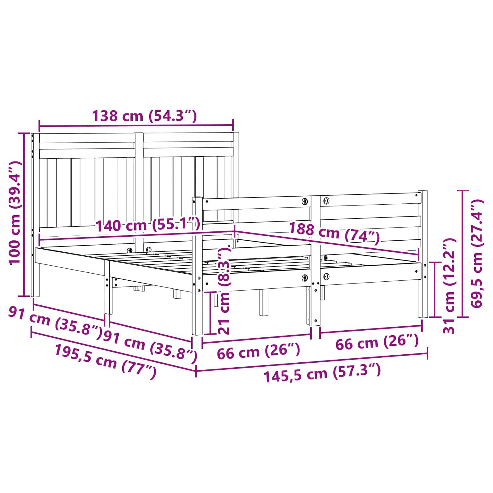 Bettmaße mit Rahmen: Breite 140 cm (55,1"), Länge 195,5 cm (77"") und Höhe 100 cm (39,4""). Seitenhöhen: vorne 31 cm (12,2""), hinten 69,5 cm (27,4"").